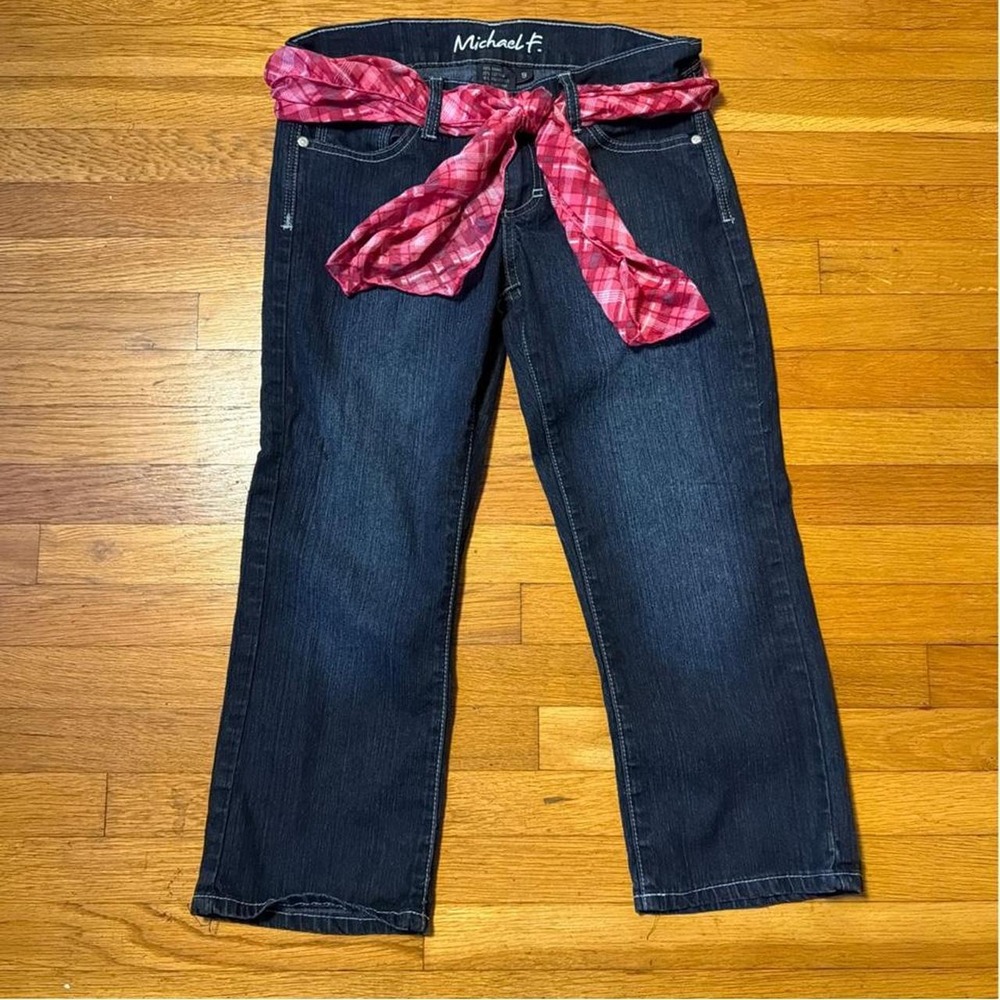 Michael F. Dark Wash Denim Capri Pants Pink Scarf Belt‎ Y2K Embroidered Size 9